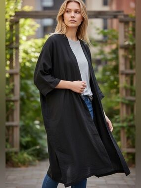 92. Boho Black Print Duster- One Size